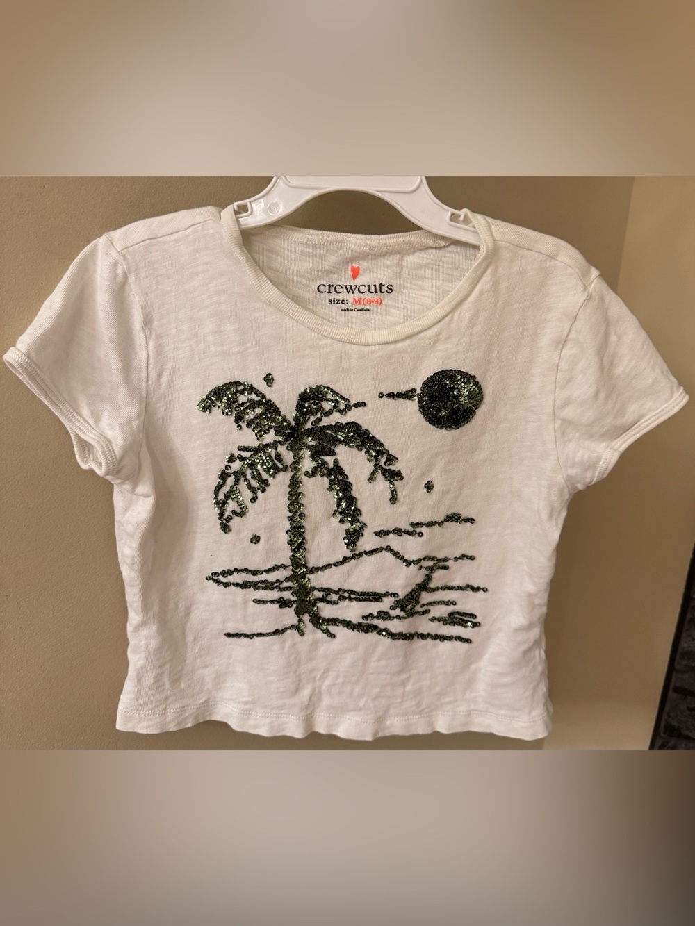 Crewcuts Girls Sequin Palm Tree Beach Tee White Size M 8-9